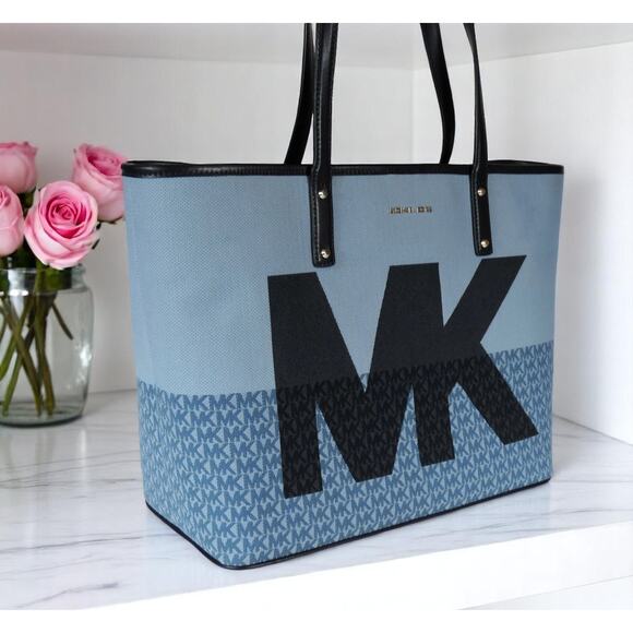 Michael Kors Carter Denim MK Open Tote Designer Logo print Large blue bag - Picture 7 of 12